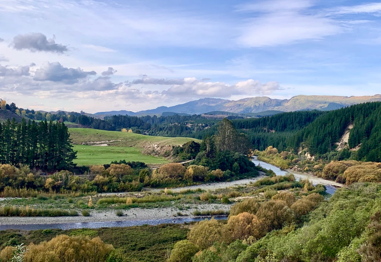 Marlborough river valley with mountains and native forest, Blenheim New Zealand